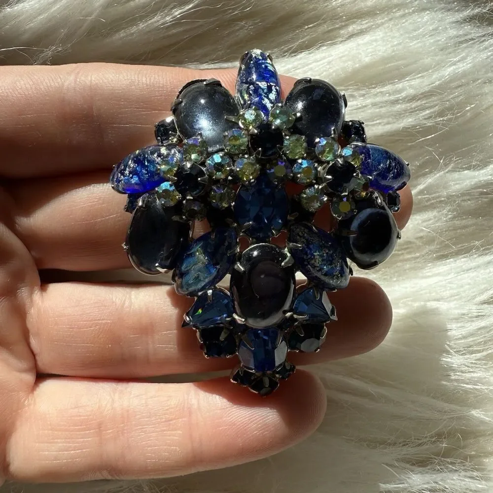 Vintage Hattie Carnegie Demi-Parure Blue Domed Cluster Cabochon AB Rhinestone